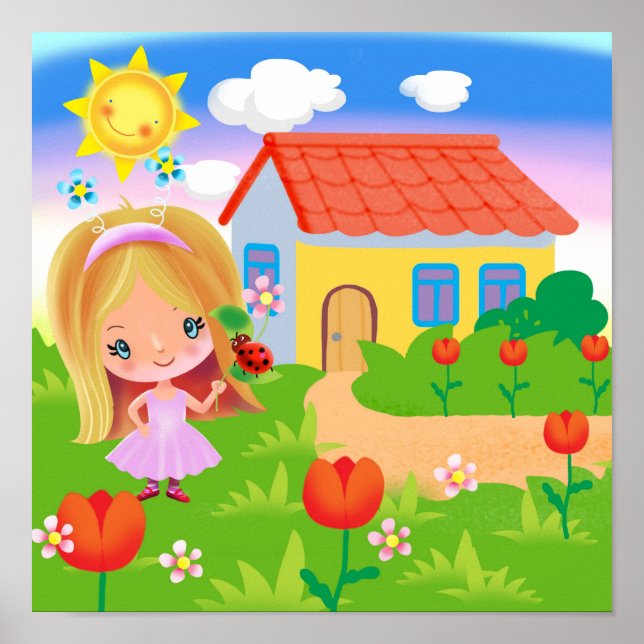Poster Dessin dans un jardin magique et une maison (Devant)