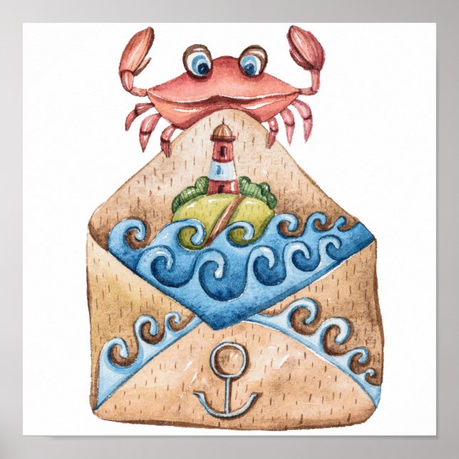 Poster Dessin d'aquarelle de crabe (Devant)