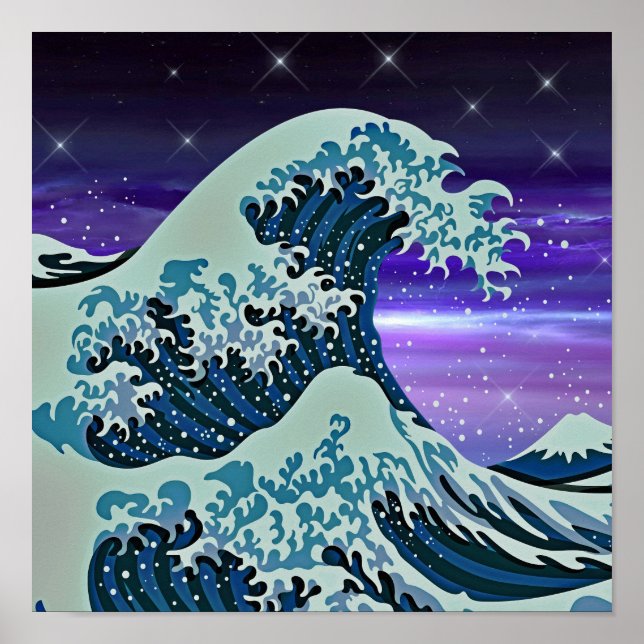 Poster Dessin d'art japonais sur le tsunami bleu (Devant)