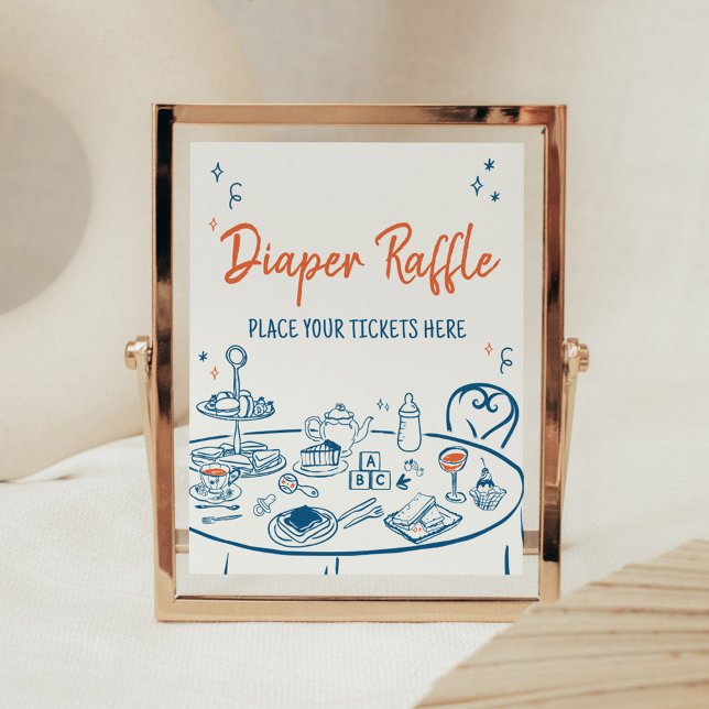 Poster Dessin de Baby shower de la fête à la main (Hand Drawn Baby Brunch Party Baby Shower Diaper Raffle Sign)