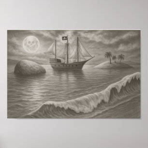 Poster Dessin de bateau pirate au clair de lune – Fantais