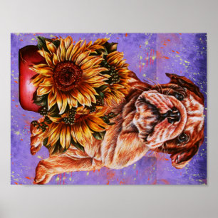 Poster Dessin de Bulldog Tournesol sur peinture violette