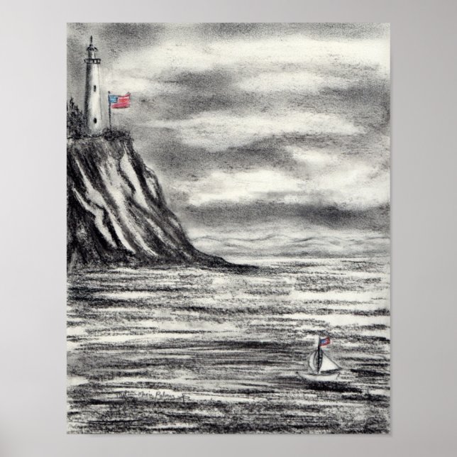 Poster Dessin de charbon de phare et de voilier (Devant)