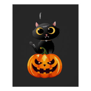 Poster Dessin de chat noir Halloween � Art de citrouille 
