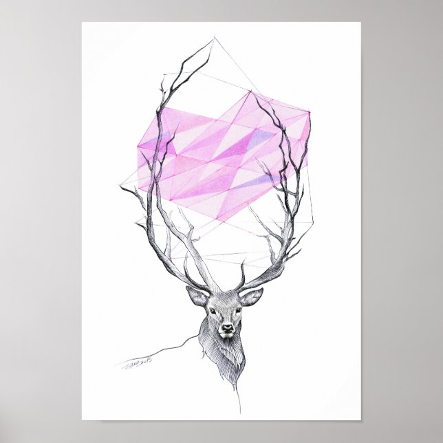 Poster Dessin de coeur géométrique rose et cerf Art anima (Devant)