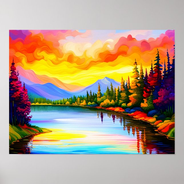 Poster Dessin de couleur brillant du coucher du soleil su (Devant)