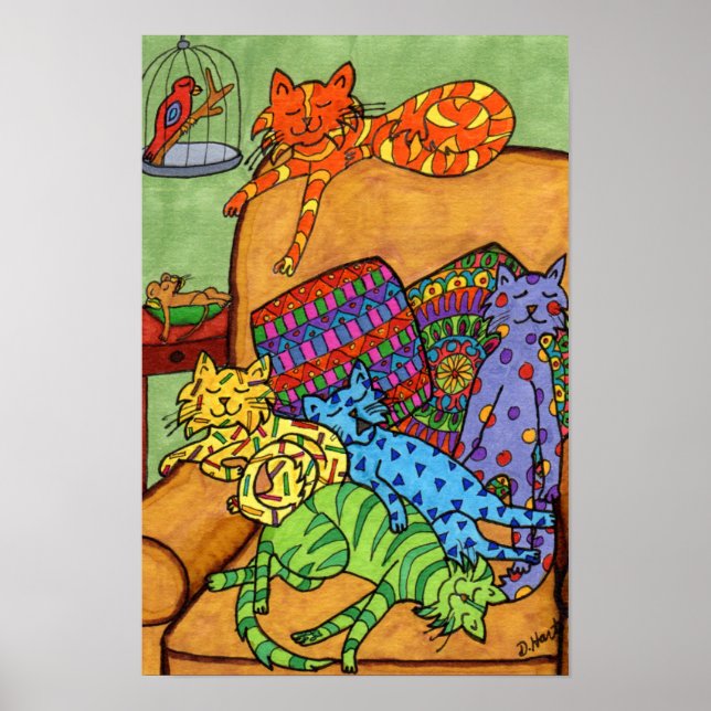 Poster Dessin de couleur mignon Chats chaise Dormir (Devant)