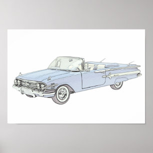 Poster Dessin de crayon convertible bleu 1960 Impala Chev