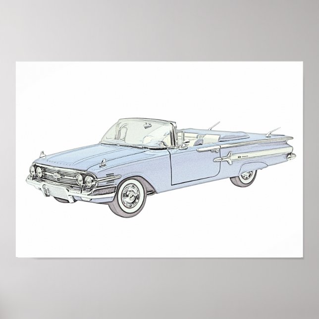 Poster Dessin de crayon convertible bleu 1960 Impala Chev (Devant)