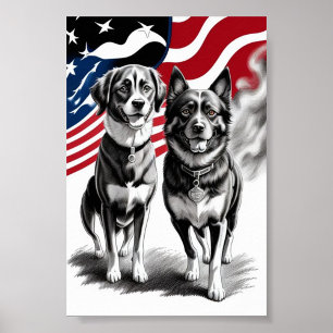Poster Dessin de deux chiens patriotiques avec drapeau 