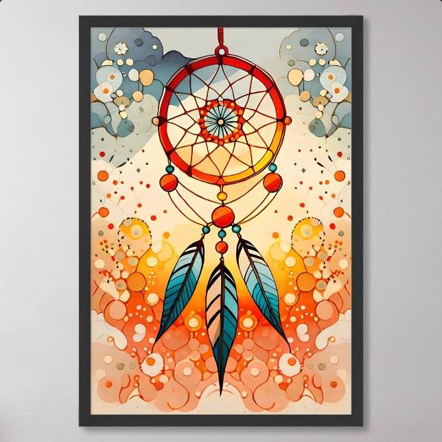 Poster dessin de drêcher décoré perles de plumes bleues (dreamcatcher painting decorated blue feather beads)