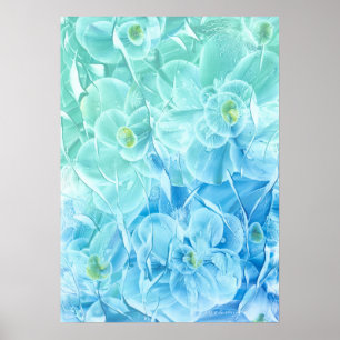 Poster Dessin de fleurs bleu vert peint à la main