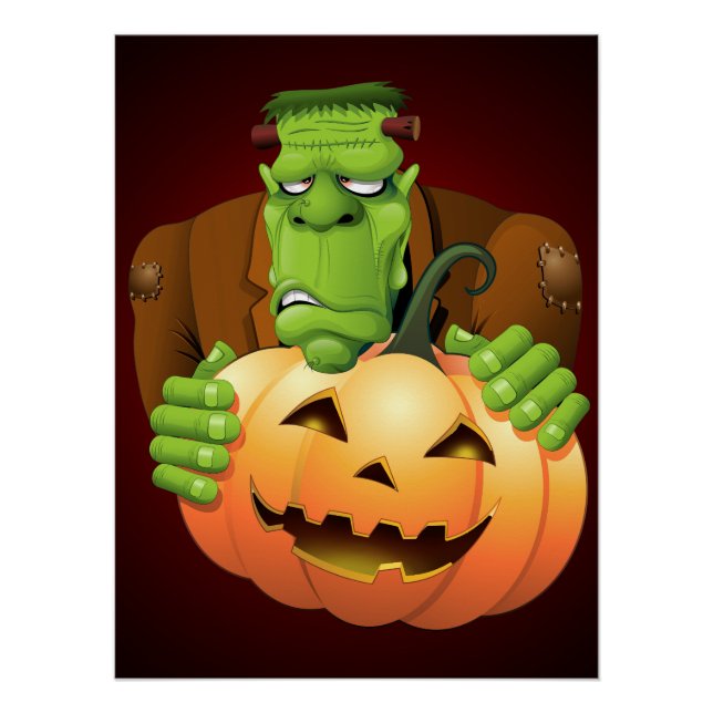 Poster Dessin de Frankenstein Monster avec Citrouille (Devant)