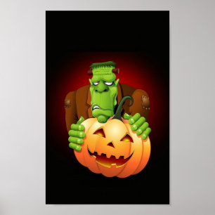 Poster Dessin de Frankenstein Monster avec Citrouille
