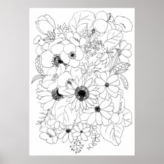 Poster dessin de ligne d'arrangement de fleurs