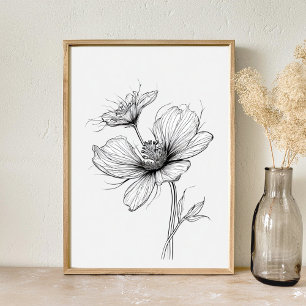 Poster Dessin de ligne de fleurs en noir et blanc