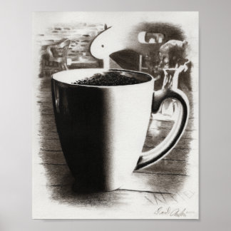 Poster Dessin de Mug de café au charbon noir et blanc