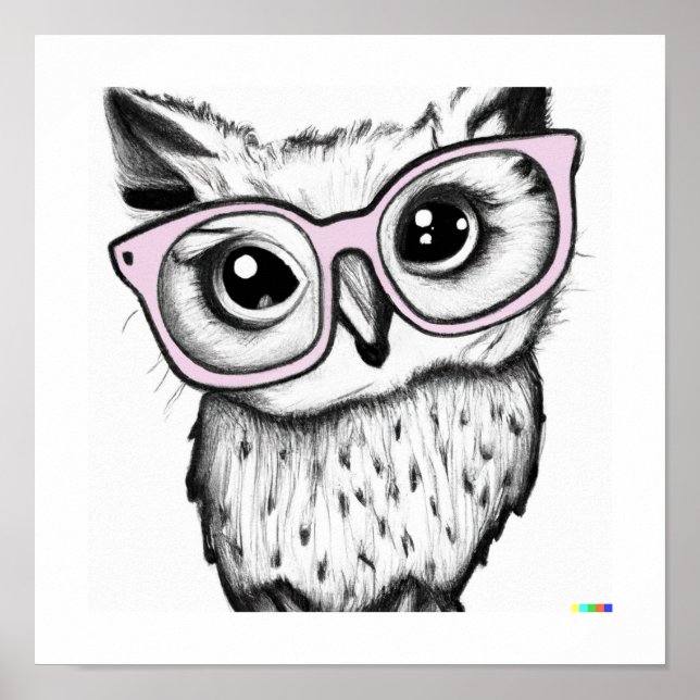 Poster Dessin dessiné à la main hibou portant des lunette (Devant)
