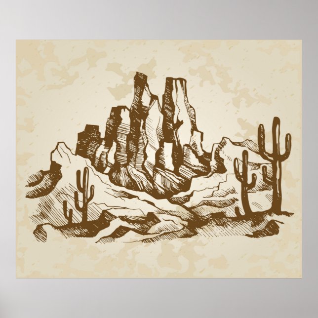 Poster Dessin dessiné à la main. Paysage typique du déser (Devant)