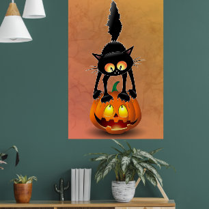 Poster Dessin d'Halloween au chat effrayé sur Citrouille