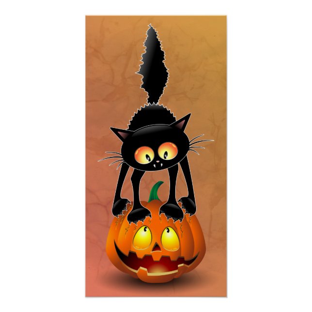 Poster Dessin d'Halloween au chat effrayé sur Citrouille (Devant)