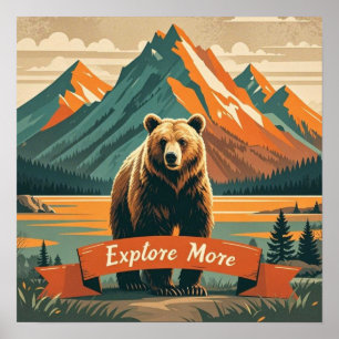 Poster Dessin d'ours de style rétro et chaîne de montagne