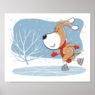 Poster Dessin Drôle Chien Chien Chiot Patinage sur glace