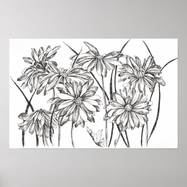 Poster Dessin du Jardin Fleur de Fleur Noir et Blanc (Devant)