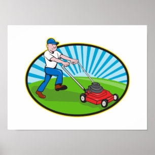 Poster Dessin du jardinier de tondeuse de pelouse