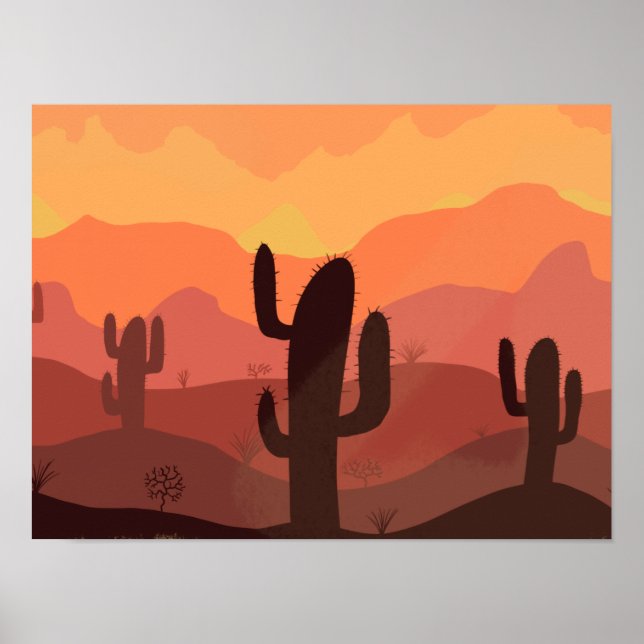 Poster Dessin du paysage du désert avec Plantes (Devant)