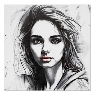 Poster Dessin du portrait d'une femme