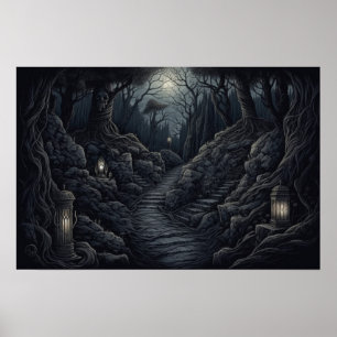Poster Dessin d'un sentier sinueux à travers une forêt dé