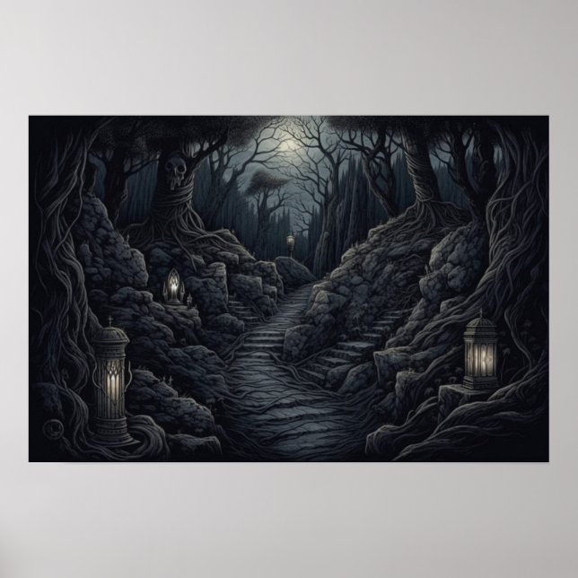 Poster Dessin d'un sentier sinueux à travers une forêt dé (Devant)
