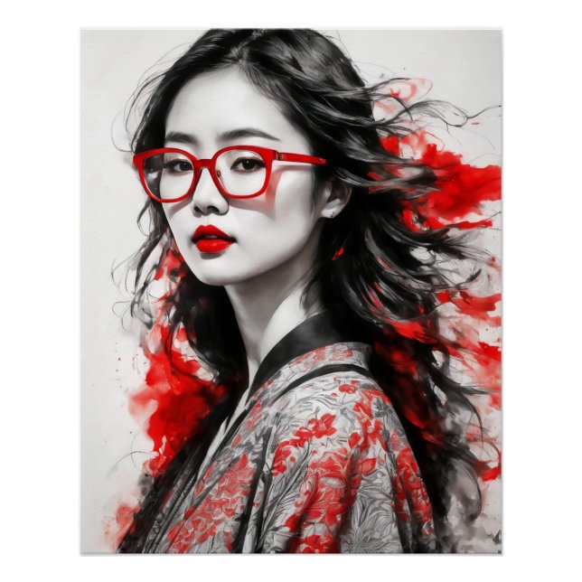 Poster Dessin d'une femme asiatique blanche noire (Devant)