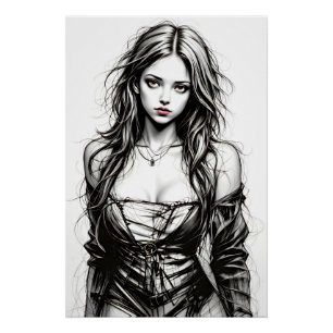Poster Dessin d'une jeune femme grunge.
