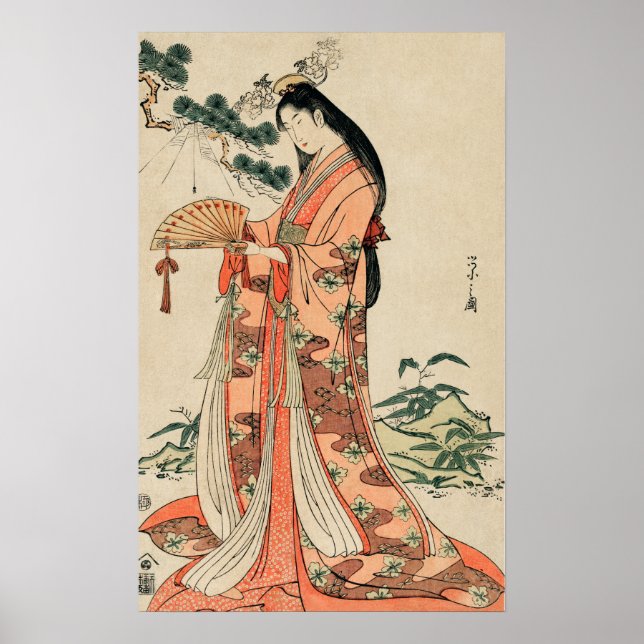 Poster Dessin en bois ancien d'une femme japonaise (Devant)