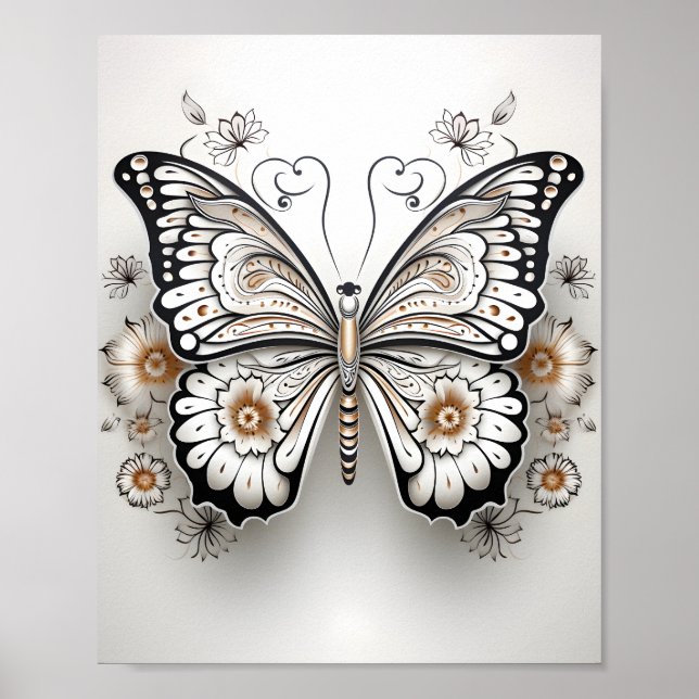 Poster Dessin En Ligne Noire Et Blanche D'Un Papillon (Devant)