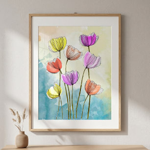Poster Dessin floral à la ligne fine aquarelle vibrant