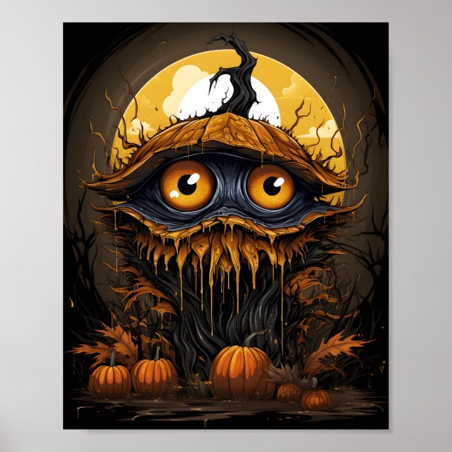 Poster Dessin Halloween Citrouille Avec Les Yeux Éffrayan (Devant)