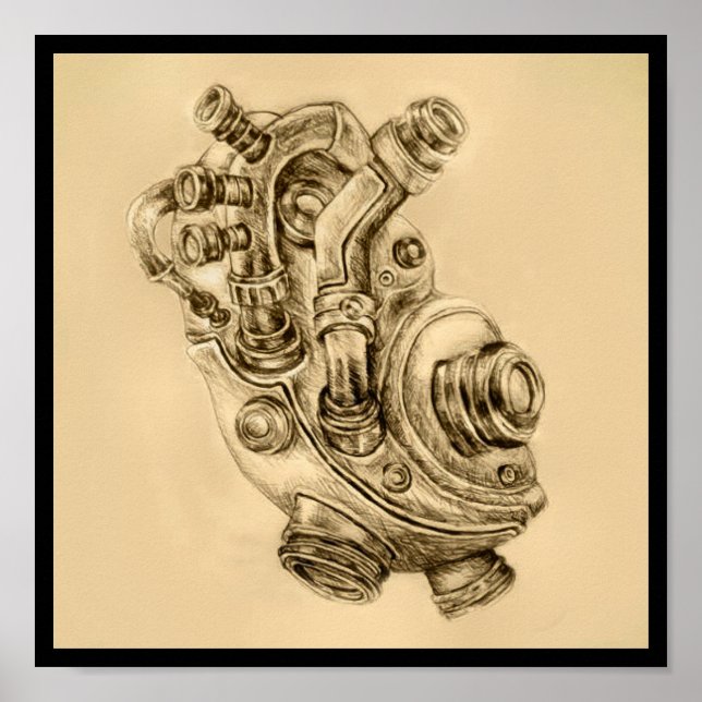Poster Dessin mécanique du coeur humain Steampunk Imprime (Devant)