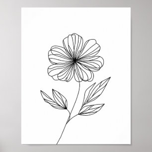 Poster Dessin minimaliste en ligne de fleurs noir et blan