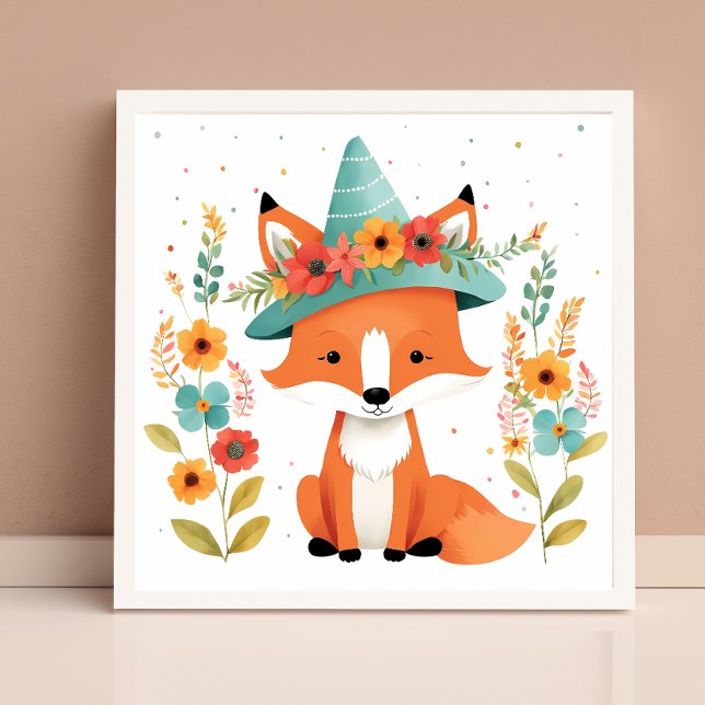 Poster Dessin mural de nursery renard rouge floral adorab (Créateur téléchargé)