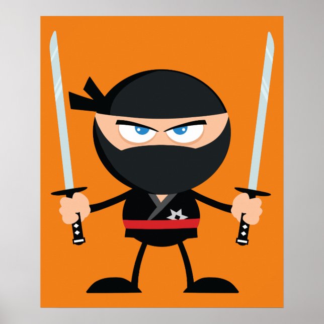 Poster Dessin Ninja Warrier Avec Deux Katana (Devant)