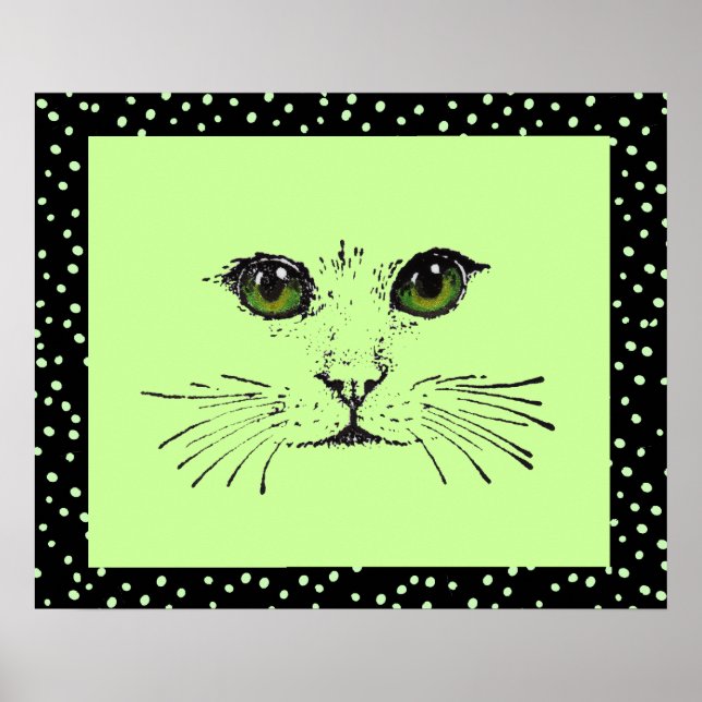 Poster Dessin noir Chat Face intense Yeux Pois (Devant)