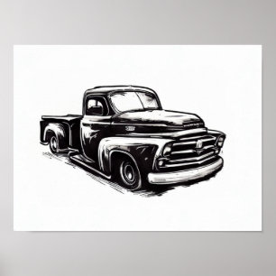 Poster Dessin noir et blanc à l'encre du camion à Dodge