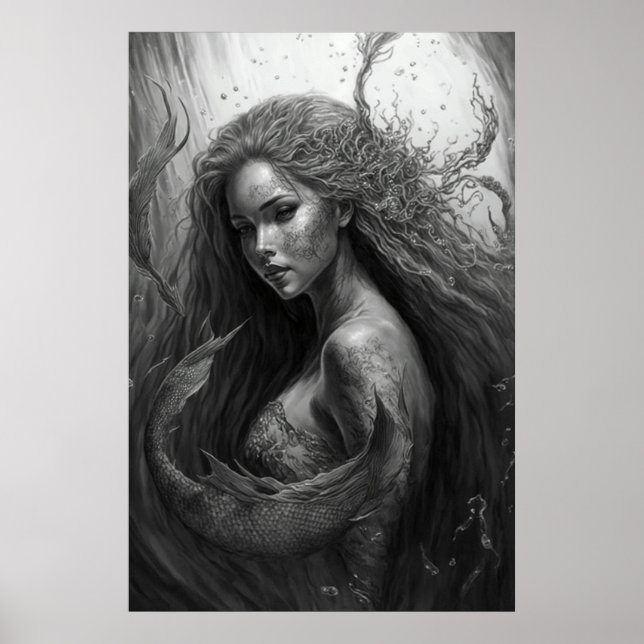 Poster Dessin noir et blanc - Art Sirène (Devant)