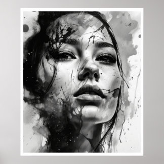 Poster Dessin noir et blanc du visage d'une femme