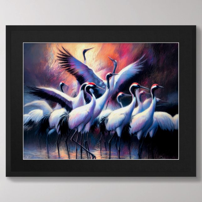 Poster Dessin pastel de grues chinoises à couronne rouge  (Créateur téléchargé)