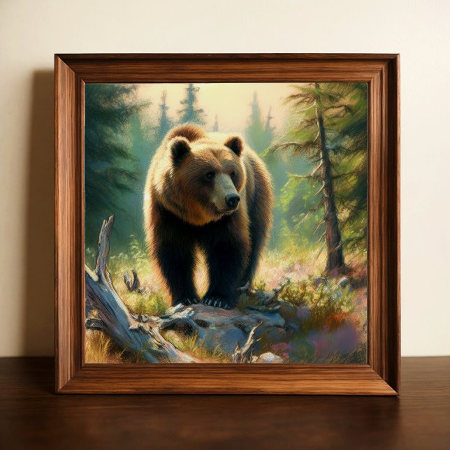 Poster Dessin pastel du grizzli dans la nature (Créateur téléchargé)