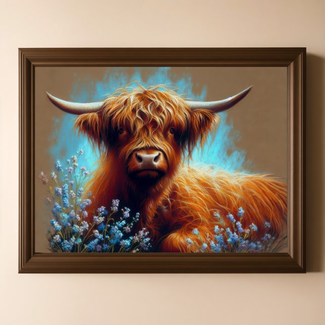Poster Dessin pastel Highland Cow Blue Flowers (Créateur téléchargé)
